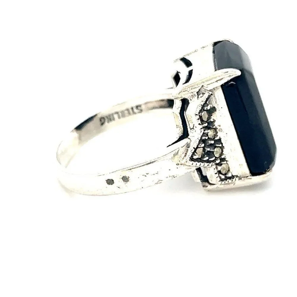 Large Rectangular Onyx/Marcasite Sterling Silver 925 Ring‎
